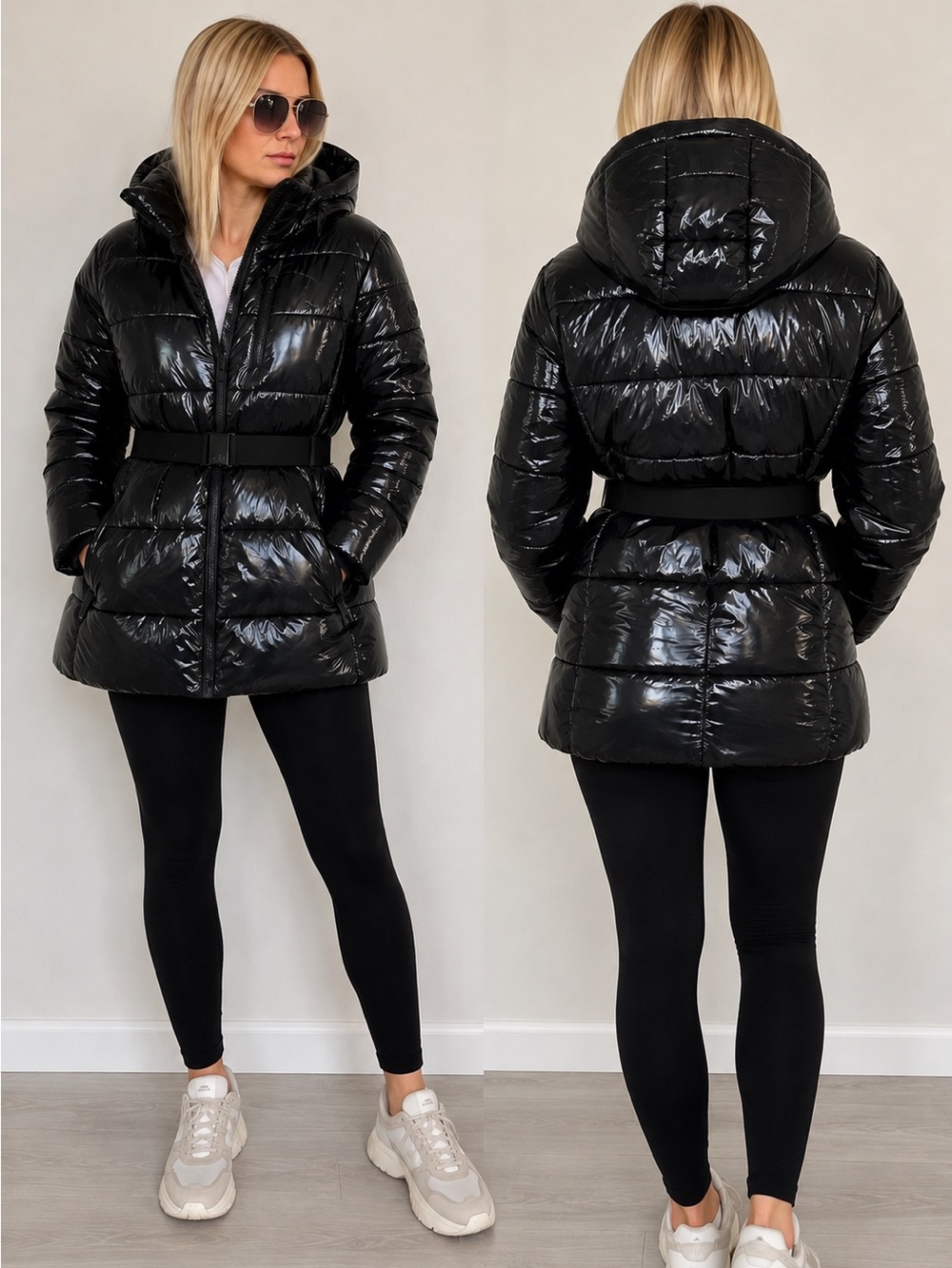 Calvin Klein Black Glossy Belted Puffer Jacket with Hood